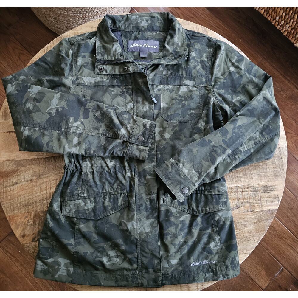 Eddie Bauer Womens Small Utility Jacket Green Camo Zipper Lightweight 4 Pockets‎